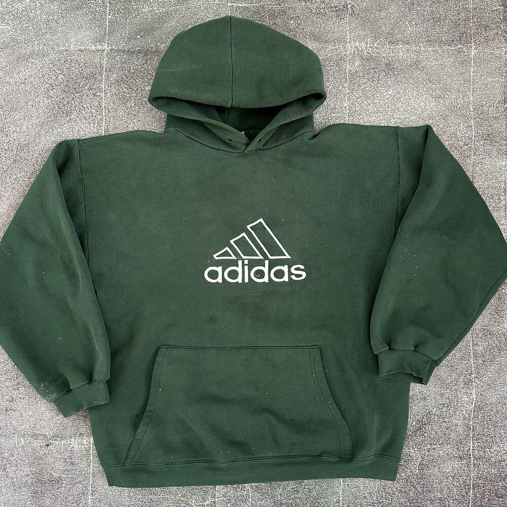 Men's Vintage 90's Adidas Forest Green Spell Out Hoodie Pullover Sweatshirt Sz L